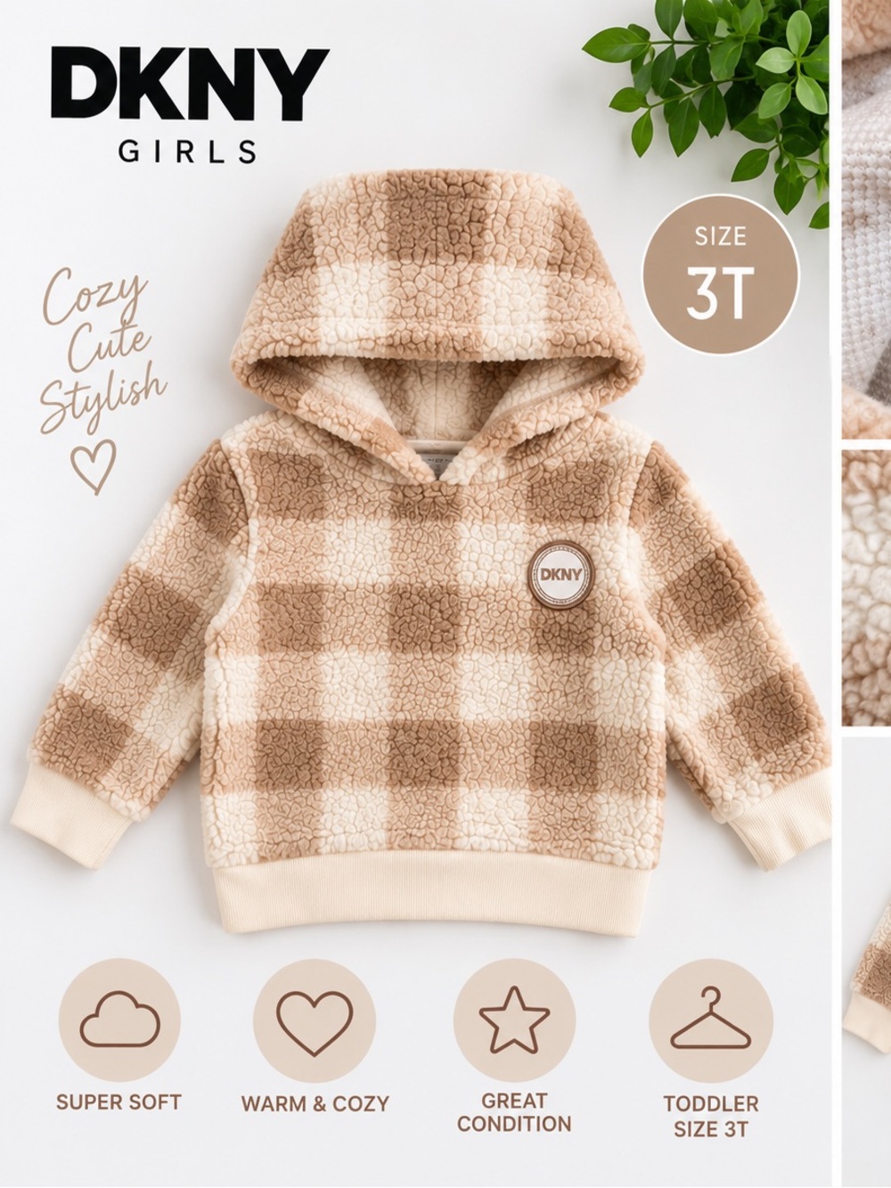 DKNY Girls Beige Plaid Sherpa Hoodie